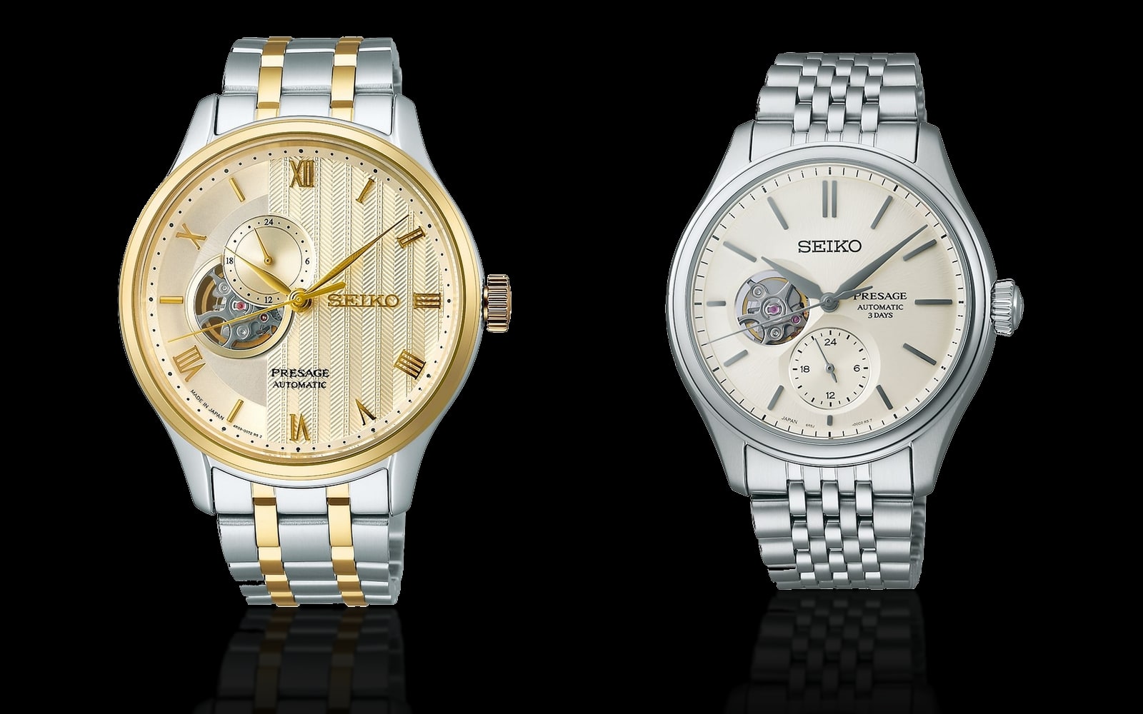 Seiko Presage Japanese Zen Gardens In Gold Toned Sand and Seiko Presage Classic Series Shiro-iro Open Heart